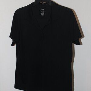 Women's black polo shirt.